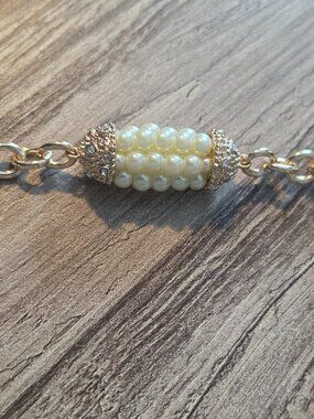 GPK Long Faux Pearl and Rhinestone Gold Necklace
